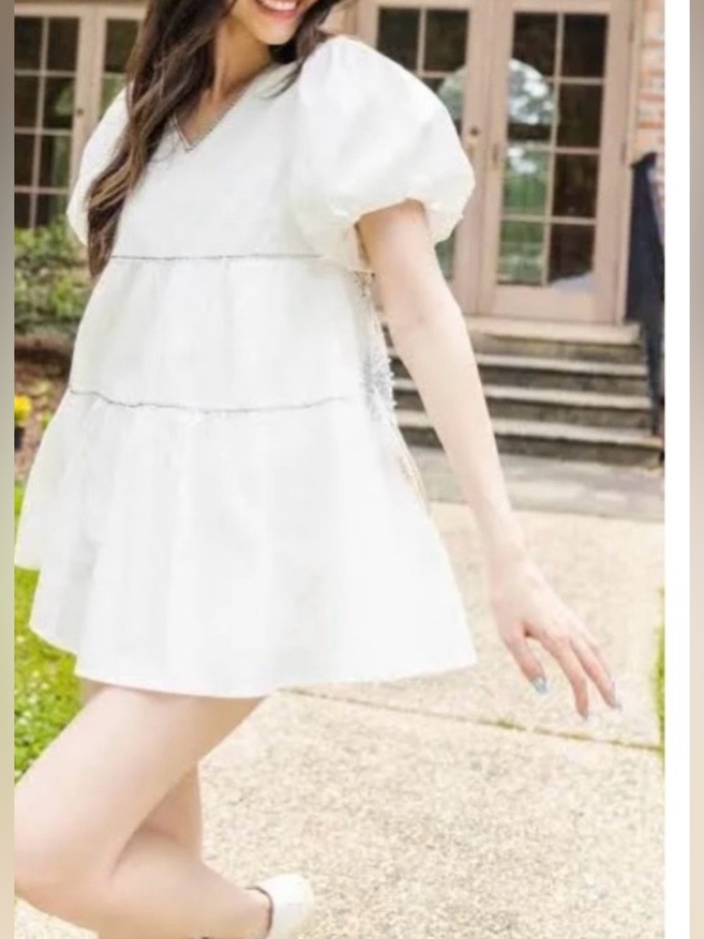 QUEEN OF SPARKLES White Puff-Sleeve Tiered Mini Dress